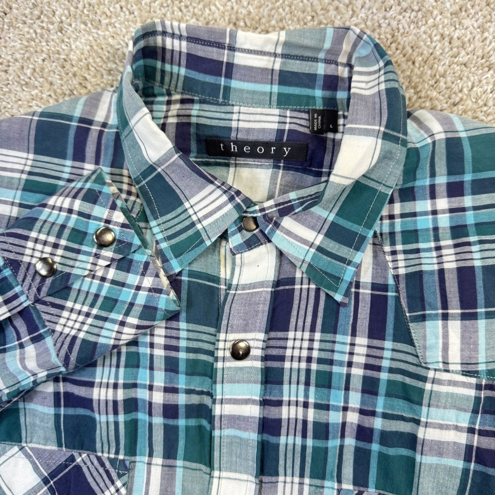 Theory‎ Mens Blue Teal Plaid Western Snap Front Long Sleeve Shirt Large L Cotton